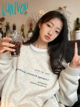 Lunivop Gray Letter Print Sweatshirts Women Harajuku Streetwear Vintage Crew Neck Hoodies Casual
